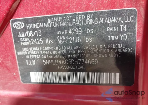 2013 Hyundai Sonata Gls из США, поврежденный, VIN 5NPEB4AC3DH774669